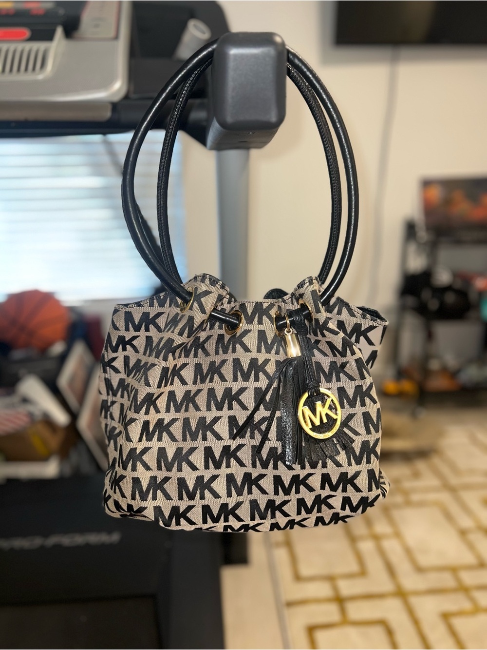 Michael Kors Black & Beige MK Logo Shoulder Tote with Tassel Charm